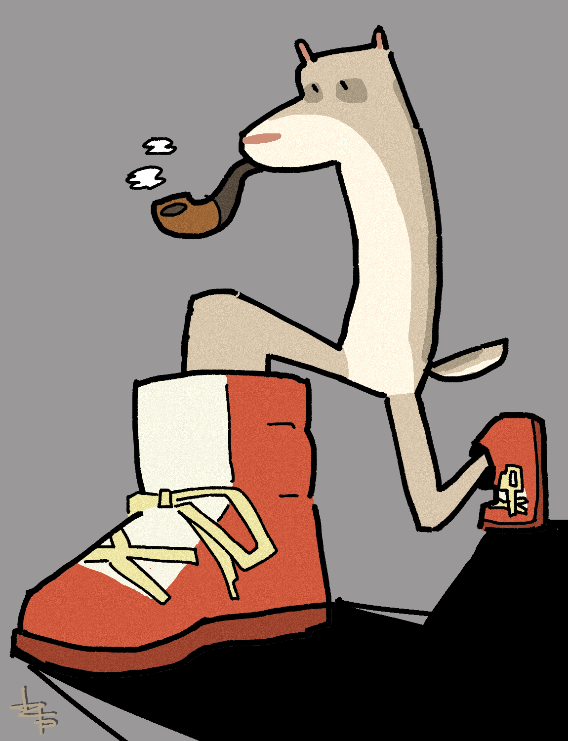 a dog-like character belonging to artfight user binkaligoo with a beige colour scheme
	  and no arms. he is wearing colourful red shoes and the drawing is at a dramatic angle with one of the shoes in the foreground.